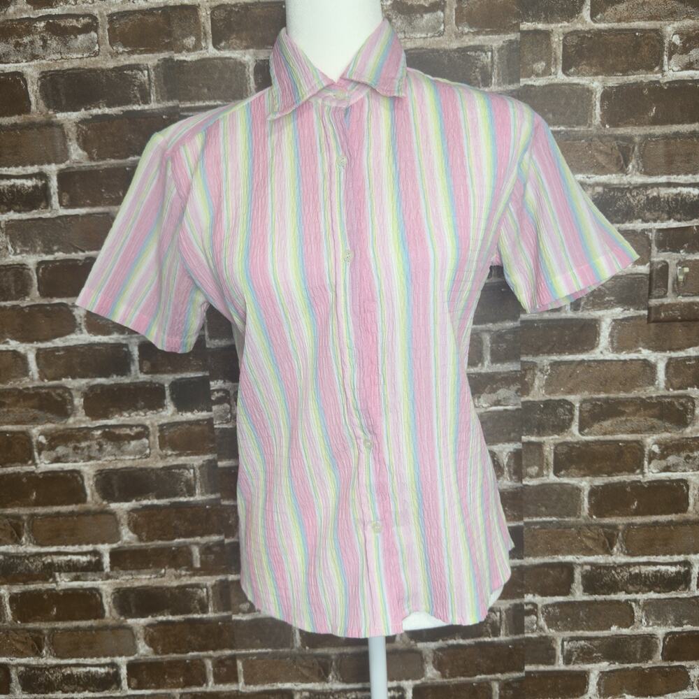 Uniti Womens Collar Shirt Pink Blue Stripe Button Up Lightweight Textured M ￼